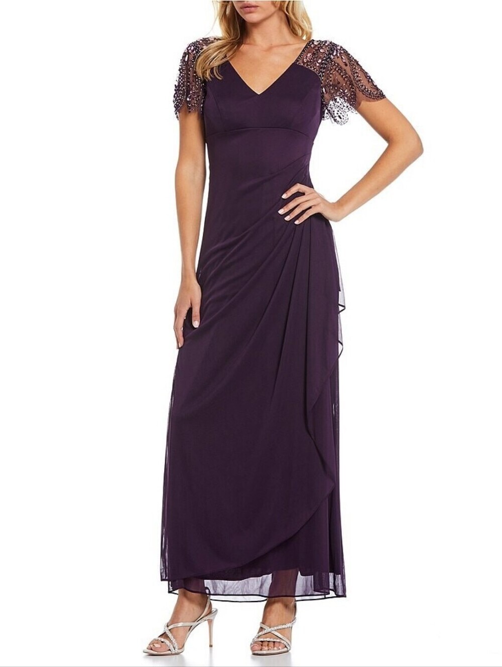 Xscape Evenings Elegant Plum Purple Beaded Sleeve Evening Gown